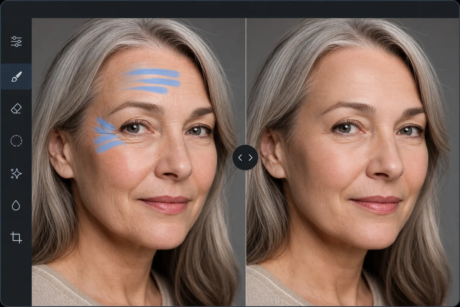 Portrait retouching workflow showing selected wrinkles brushed for AI softening while preserving natural skin texture