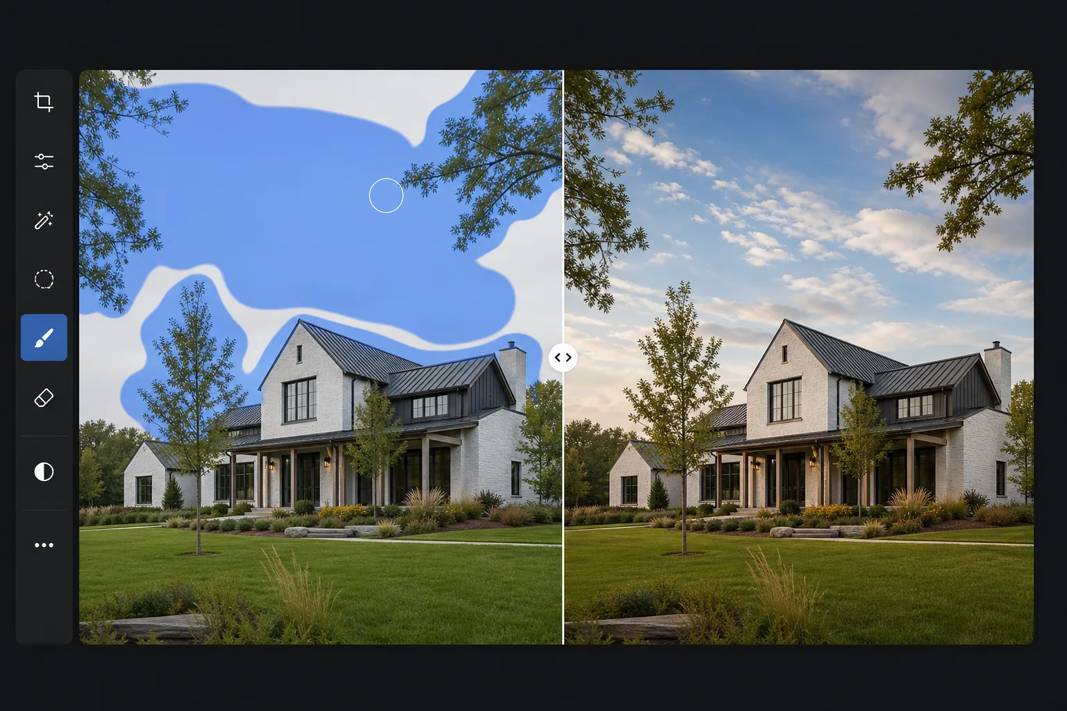 Sky replacement workflow showing an overcast sky brushed for AI replacement and a natural blue sky result with matched foreground lighting