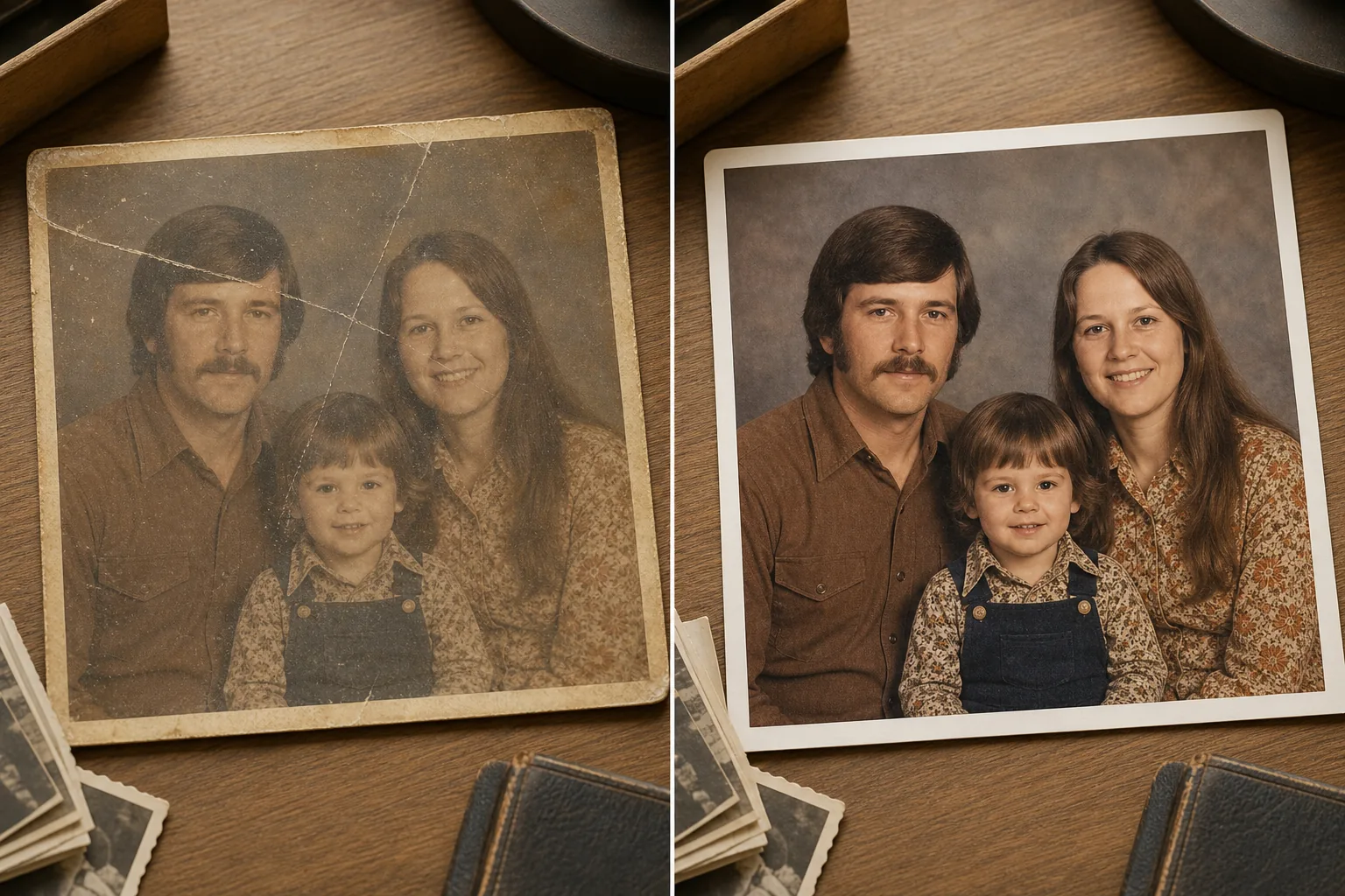 Before and after vintage family portrait showing faded scratches repaired and color restored