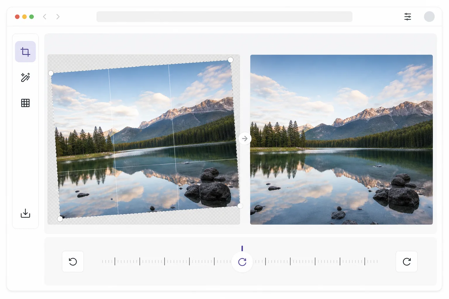 Photo straightening workflow showing a tilted landscape aligned with a grid and corrected to a level horizon without cropping the frame