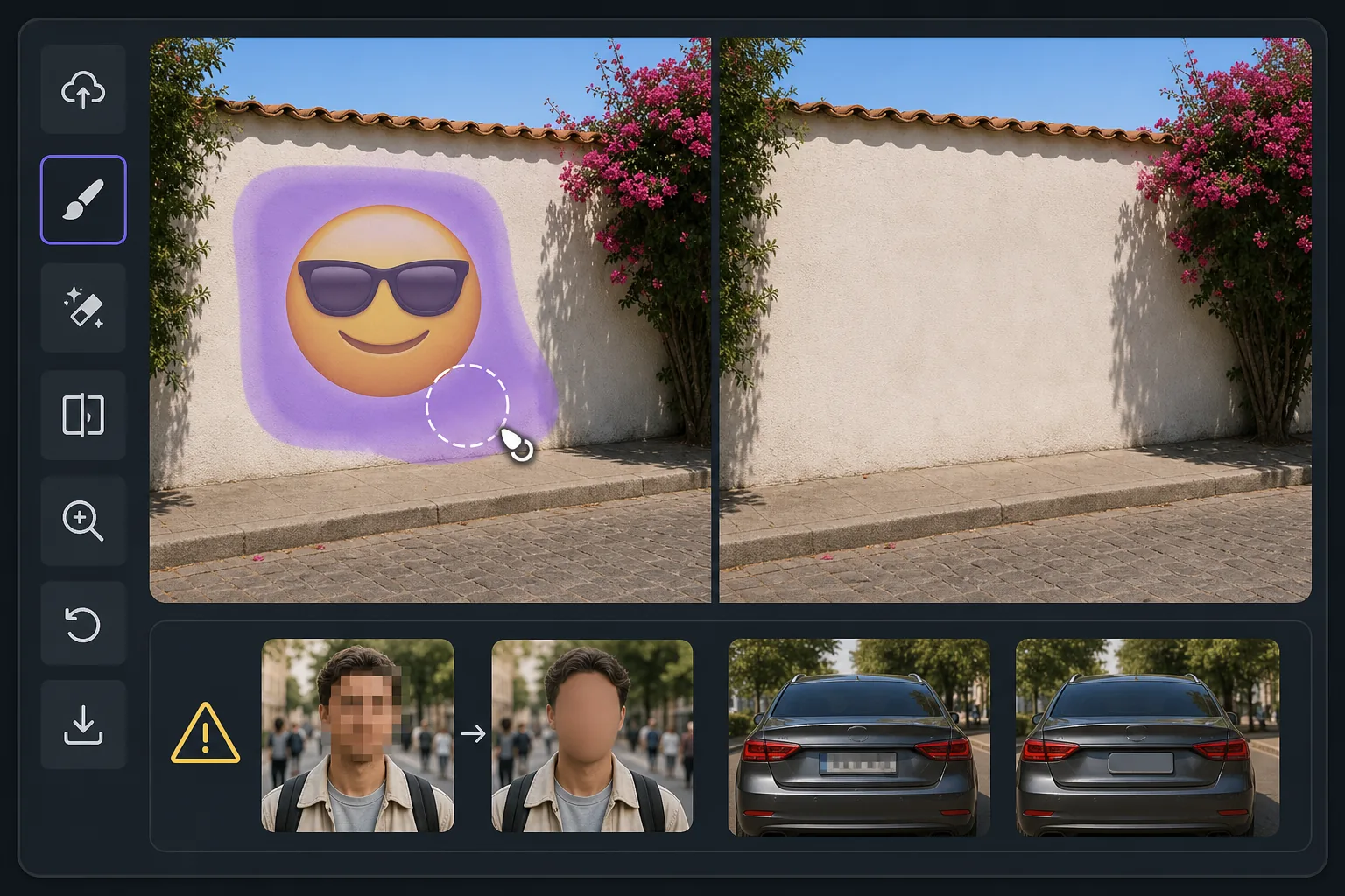 AI inpainting workflow showing an emoji removed from a plain wall with a clean reconstruction and caution examples for faces and identifiers