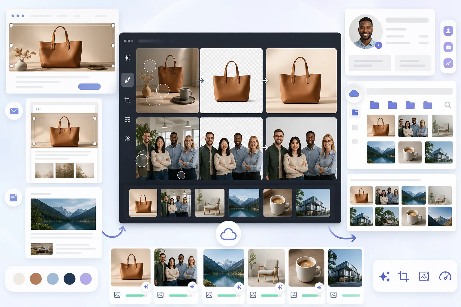 AI HubSpot marketing and CRM image workflow creating polished landing page visuals, email campaign images, blog post assets, professional team headshots, and organized file manager thumbnails