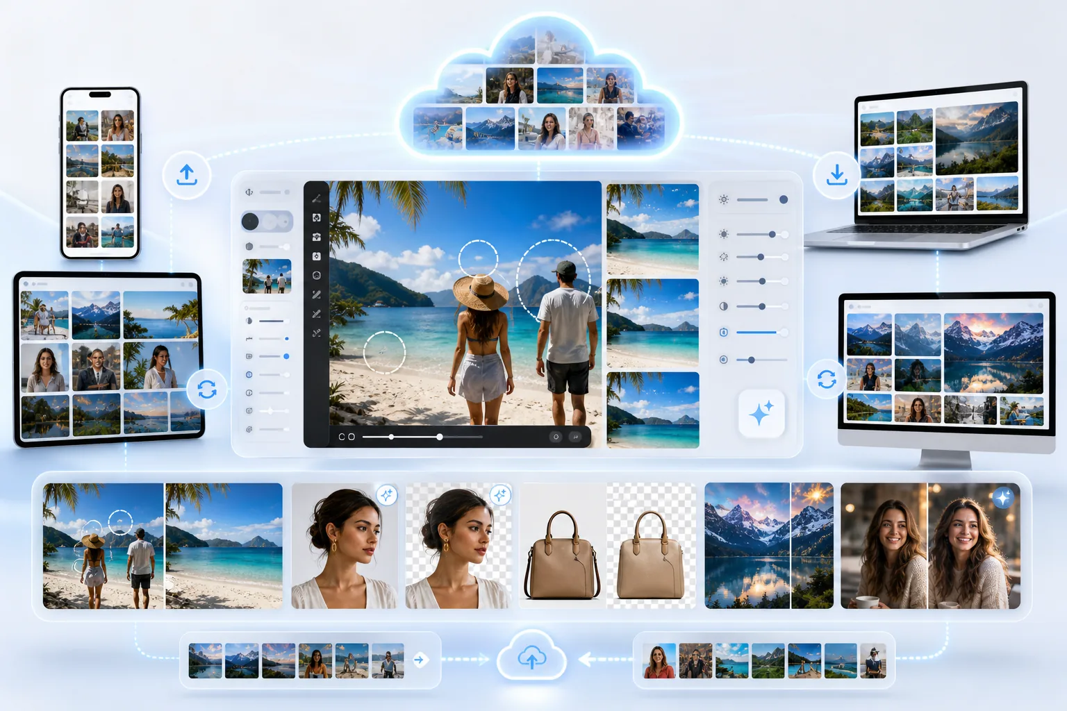 AI iCloud Photos workflow selecting synced phone and desktop images, erasing unwanted objects, creating transparent portrait and product cutouts, enhancing landscapes, and saving polished photos back to a cloud library