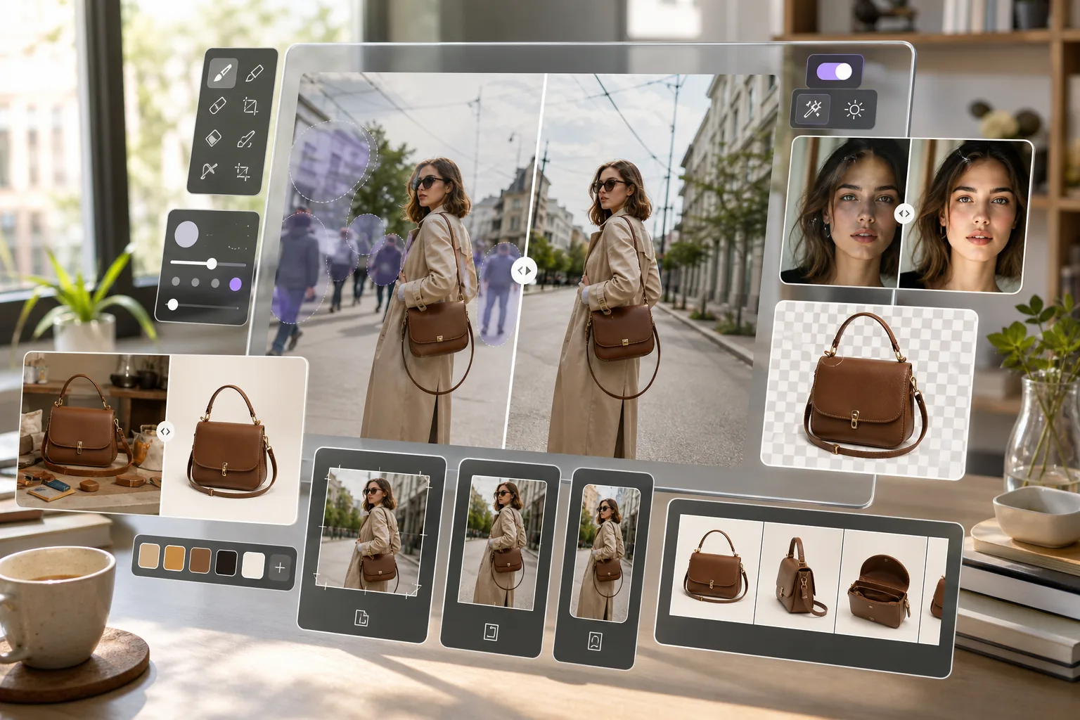 AI Instagram photo editing workflow removing backgrounds and distractions, enhancing mobile photos, and preparing feed, story, reel, and shopping visuals