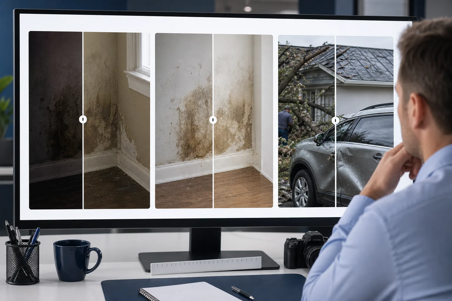 AI insurance claims photo workflow enhancing damage detail, removing distractions, and organizing clearer evidence photos