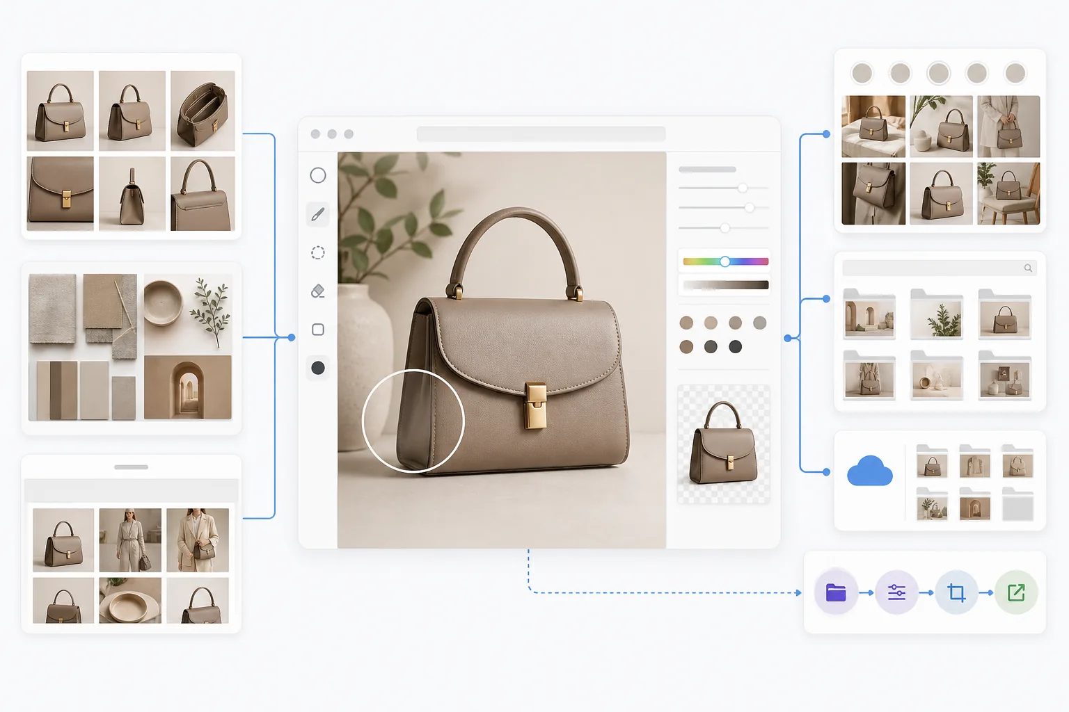 AI photo editing workflow connected to ecommerce, design, social, website, cloud, and automation tools