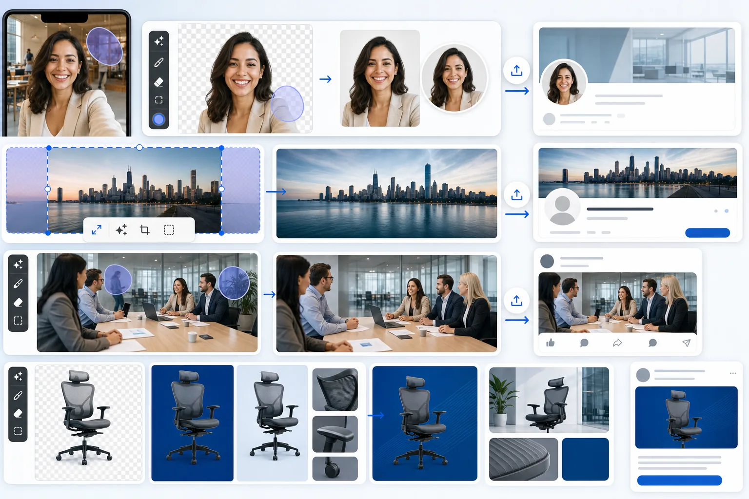 AI LinkedIn image prep workflow creating a polished profile headshot, ultra-wide banner, clean feed post visual, and consistent company page assets