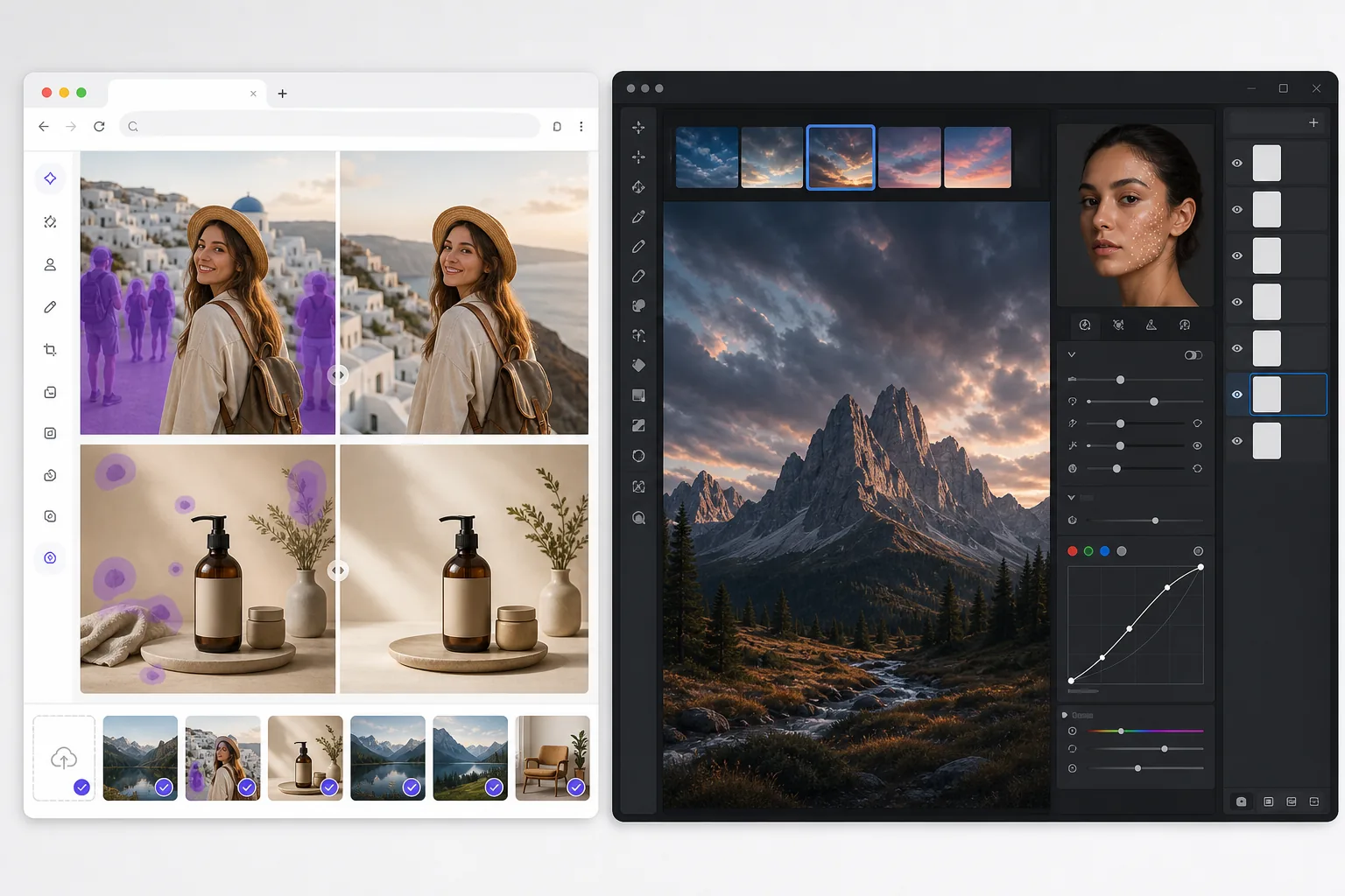 Comparison of browser-based AI cleanup and desktop AI photo editing workflows
