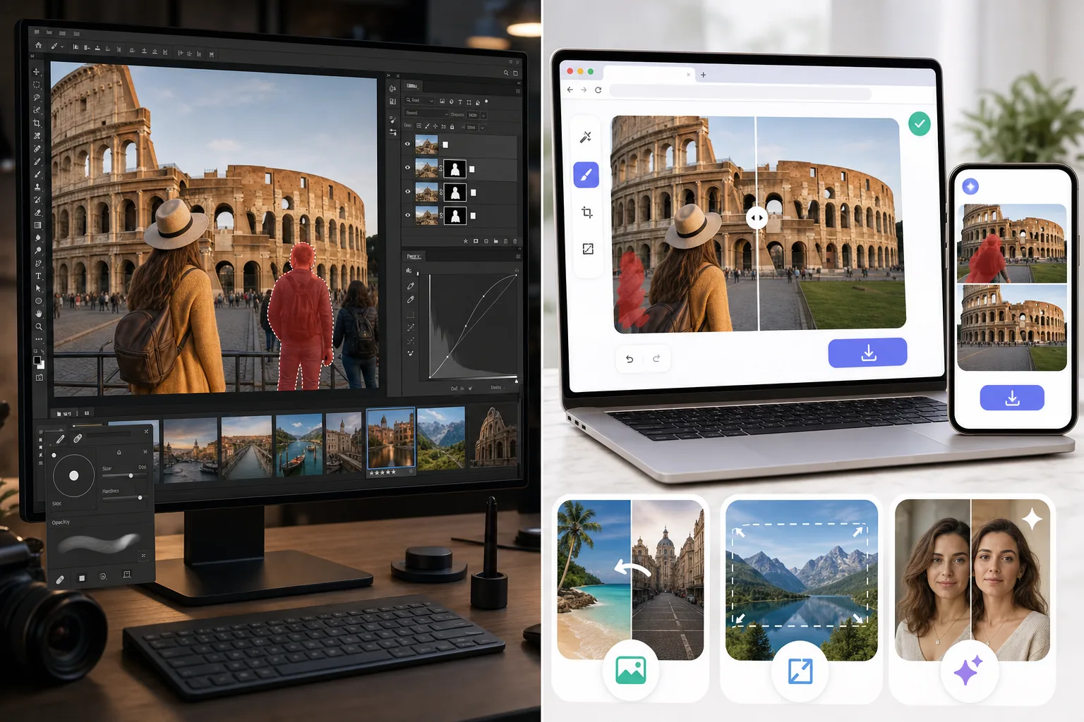 Comparison of installed layer-based desktop photo editing and no-install AI browser cleanup workflows