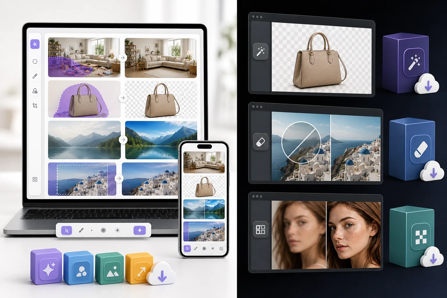 Comparison of an all-in-one browser AI photo editor and separate desktop utility tools