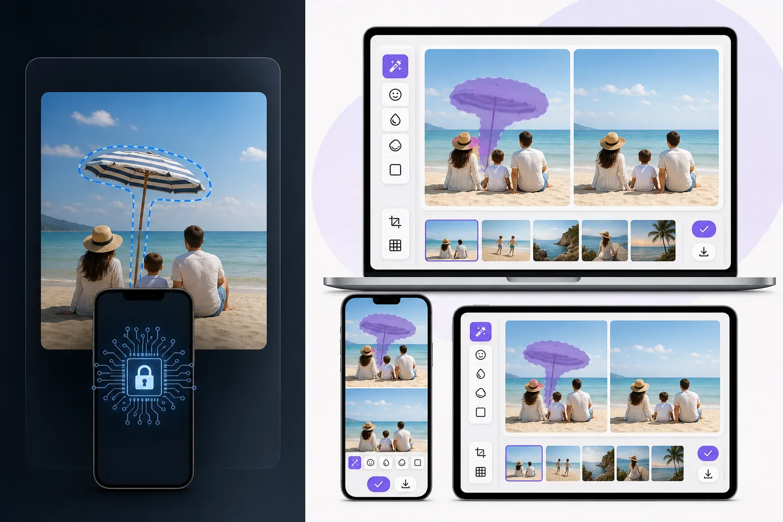 Comparison of recent-device photo cleanup and cross-device browser AI object removal