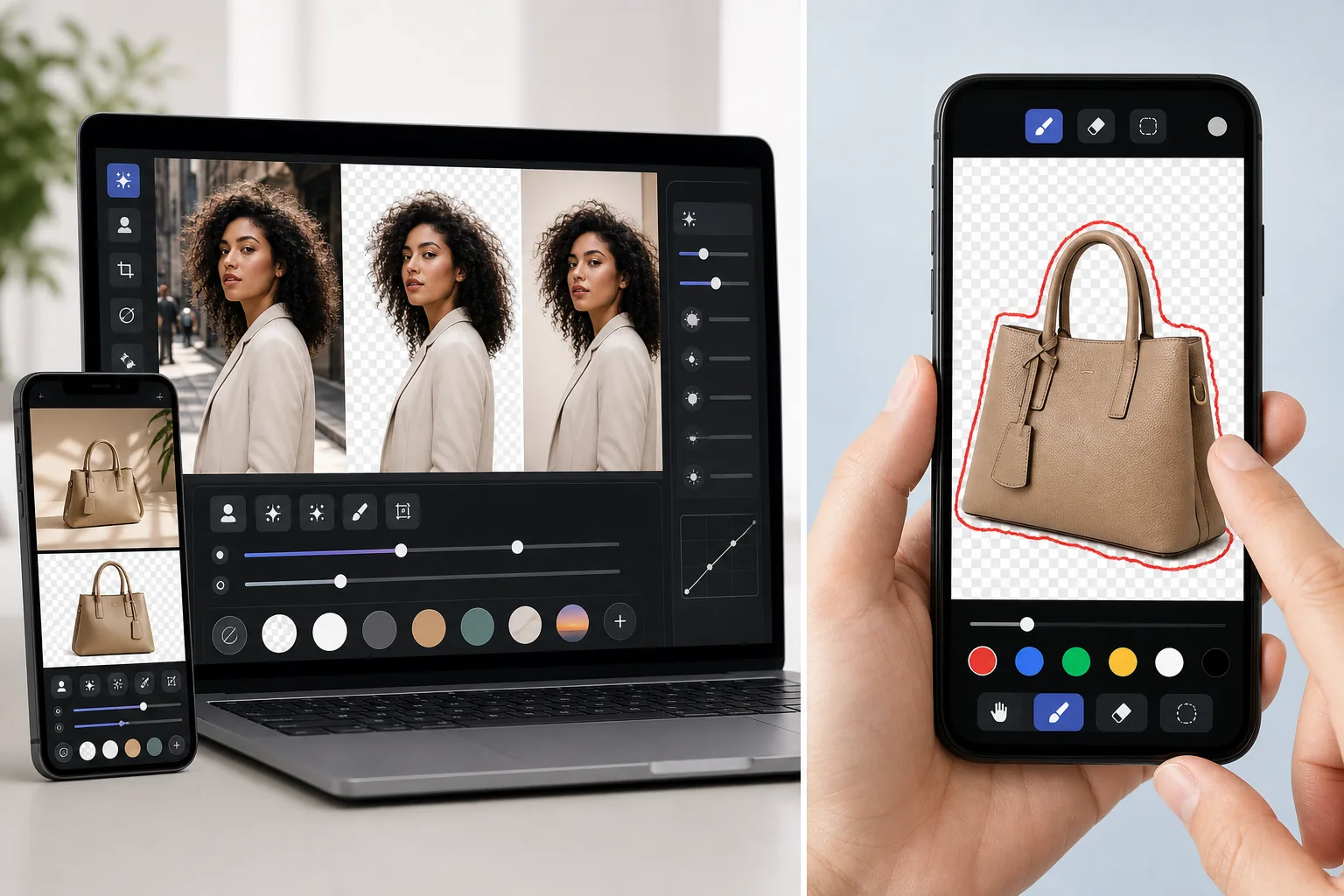 Comparison of AI background removal workflow and manual mobile background erasing