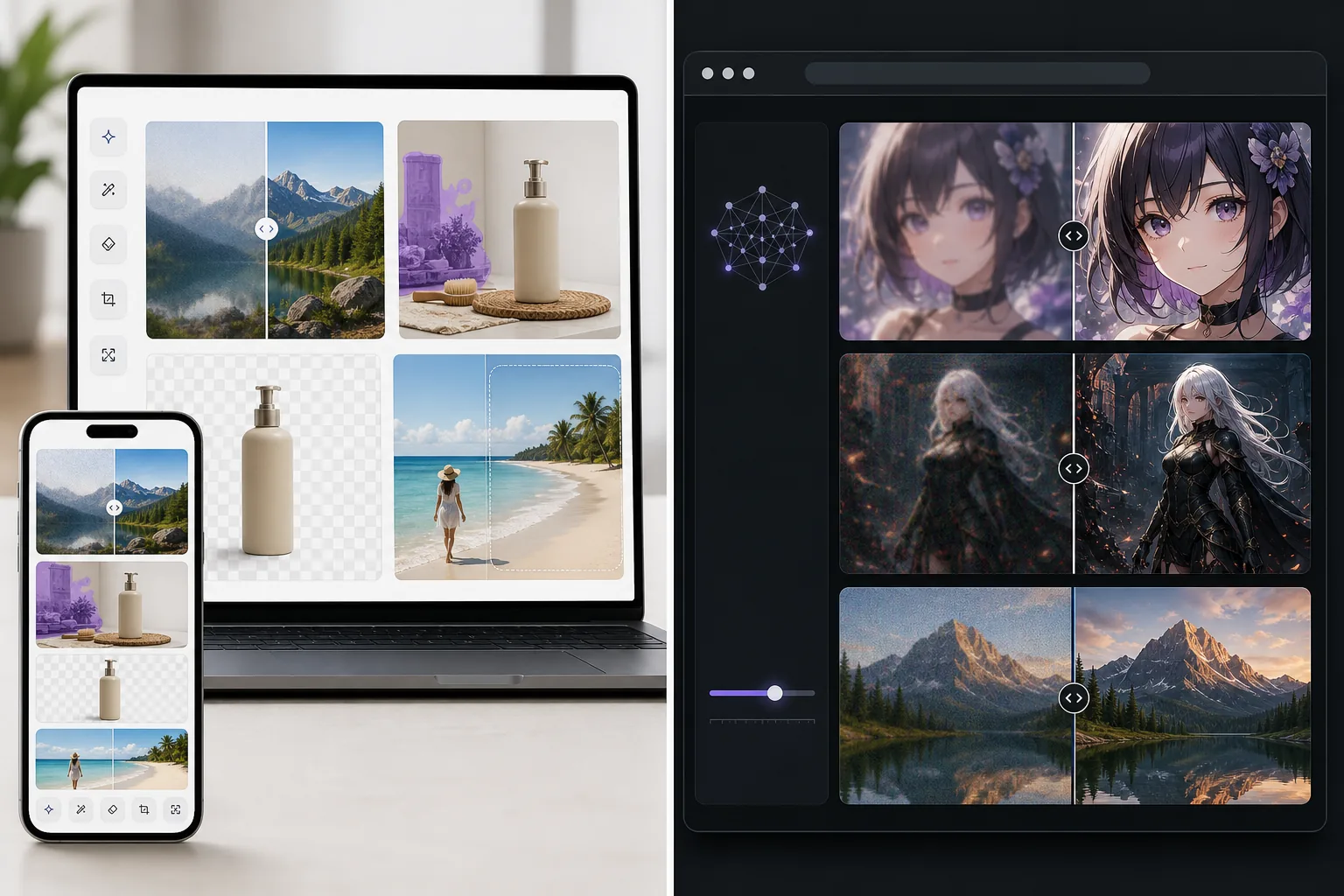 Comparison of a complete AI photo editor and an anime-focused image upscaler workflow