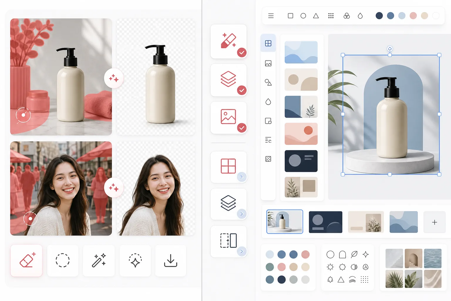 Side-by-side comparison of cleanup-first AI photo editing and a design-template canvas workflow using cleaned product and portrait images