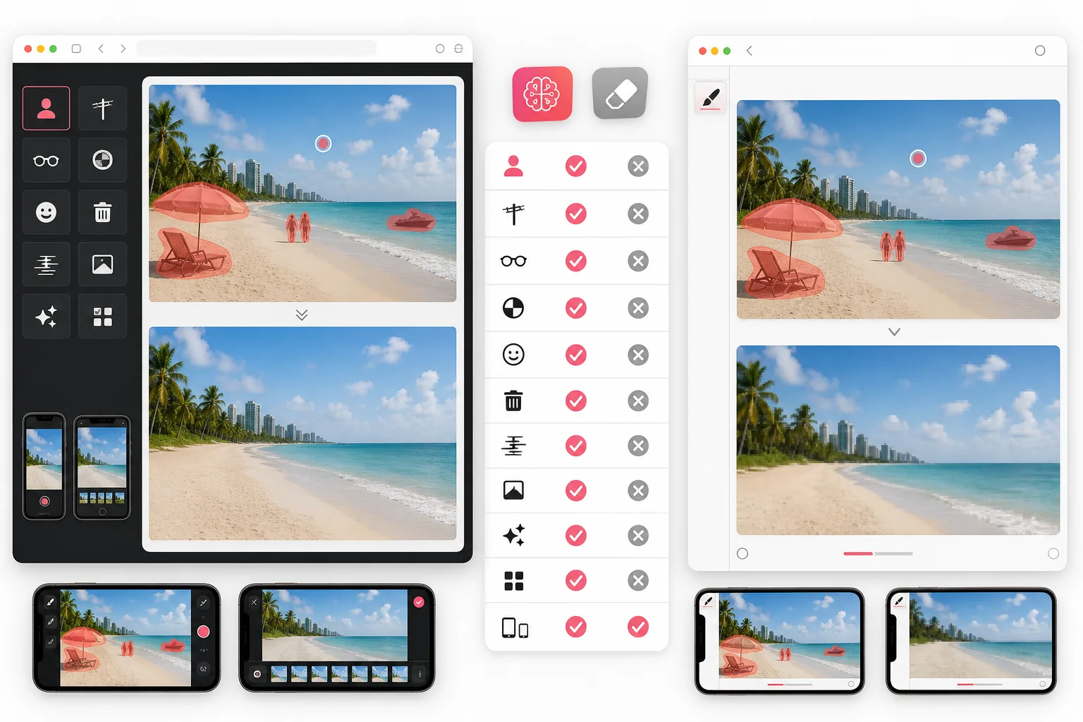Side-by-side comparison of a full AI photo editor with dedicated removal tools and a simpler web eraser workflow cleaning objects from a beach photo