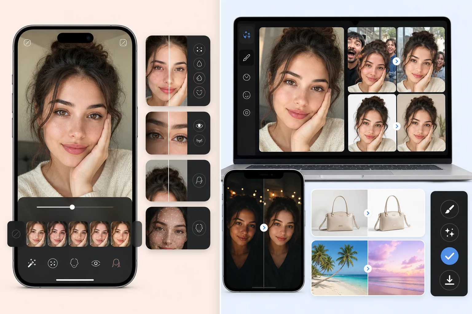 Comparison of mobile selfie retouching and broader AI cleanup workflows for portraits and other photo types
