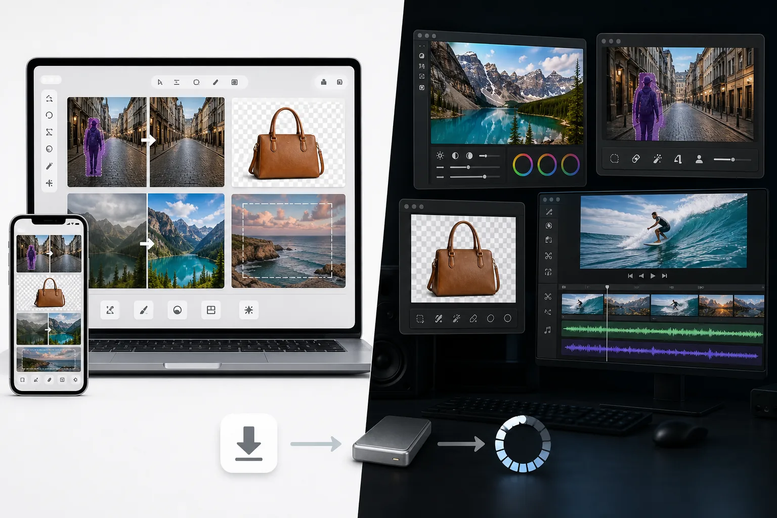 Comparison of browser-based AI photo editing and installed desktop multimedia editing workflows