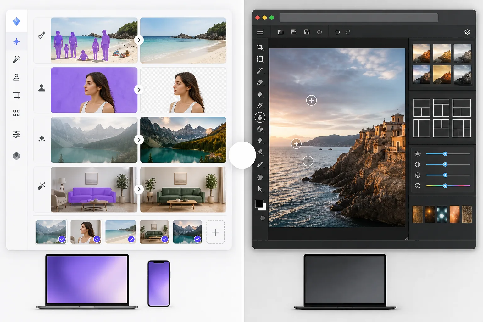 Comparison of AI photo cleanup and basic browser photo editing workflows