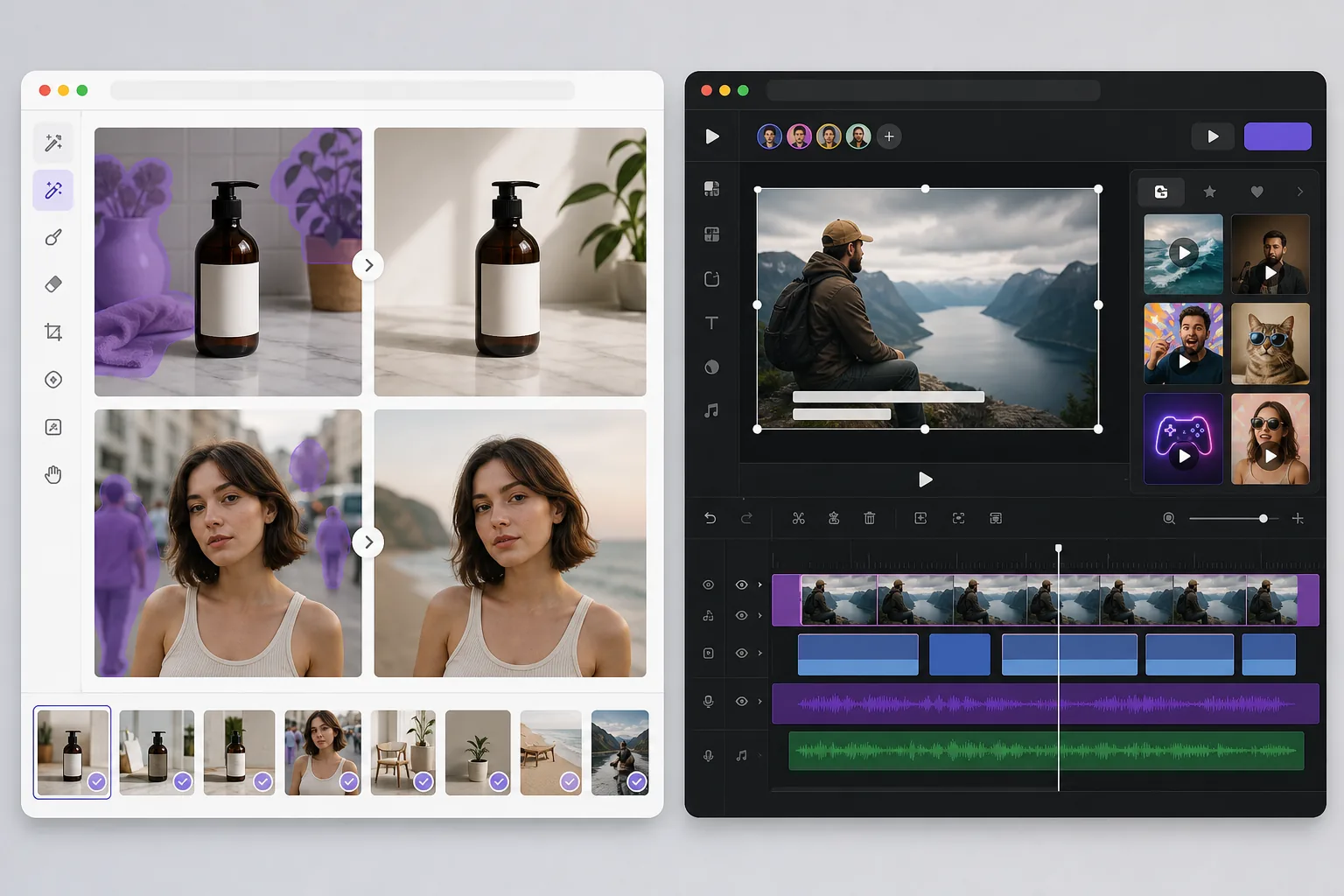 Comparison of dedicated AI photo cleanup and video-first content editing workflows