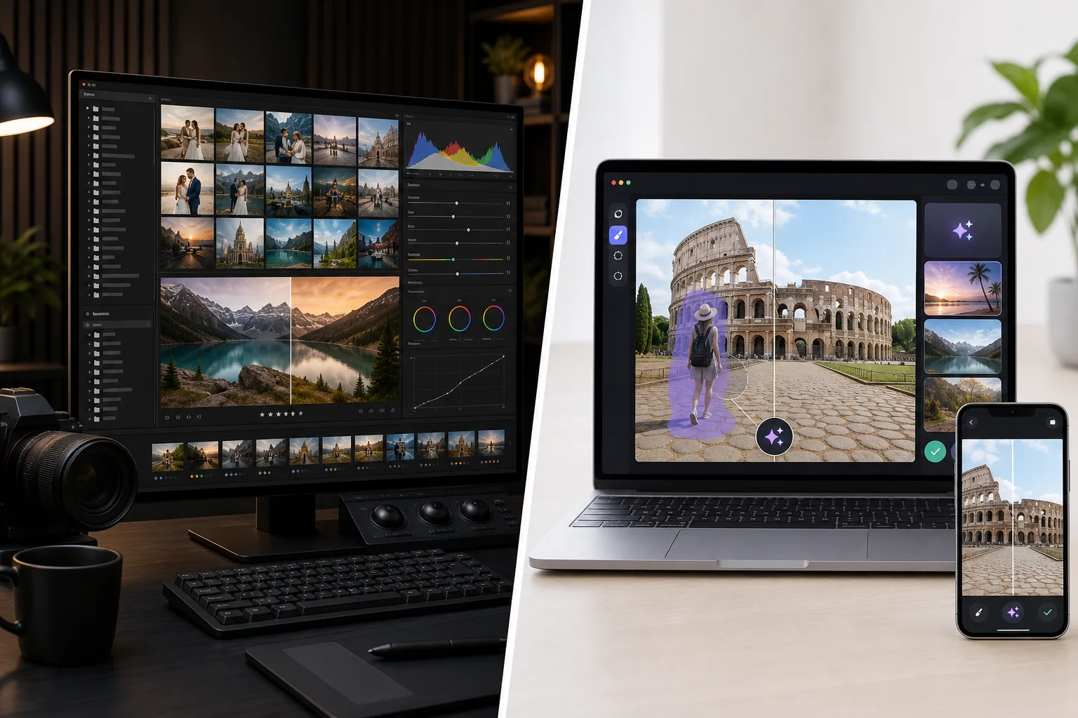 Comparison of catalog-scale RAW photo development and quick browser-based AI cleanup editing workflows