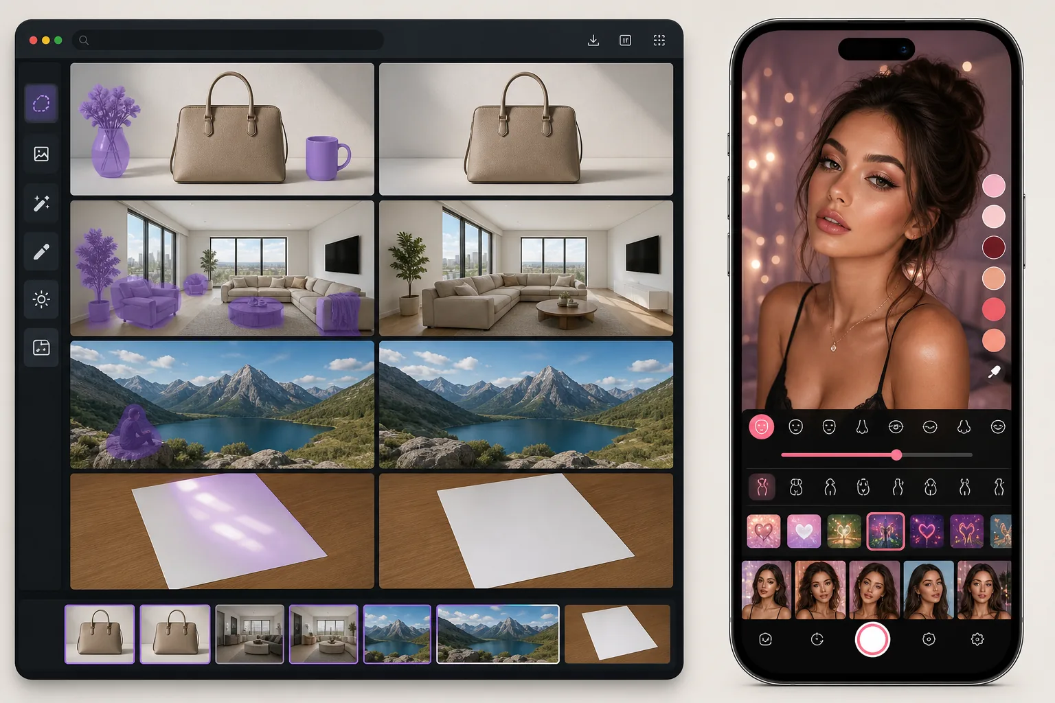 Comparison of professional AI photo cleanup and mobile beauty filter editing