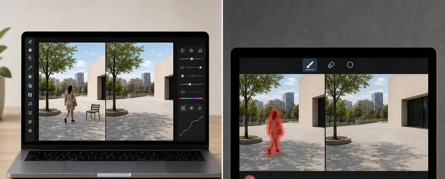 Comparison of a full AI photo editor object removal workflow and a single-purpose object eraser tool