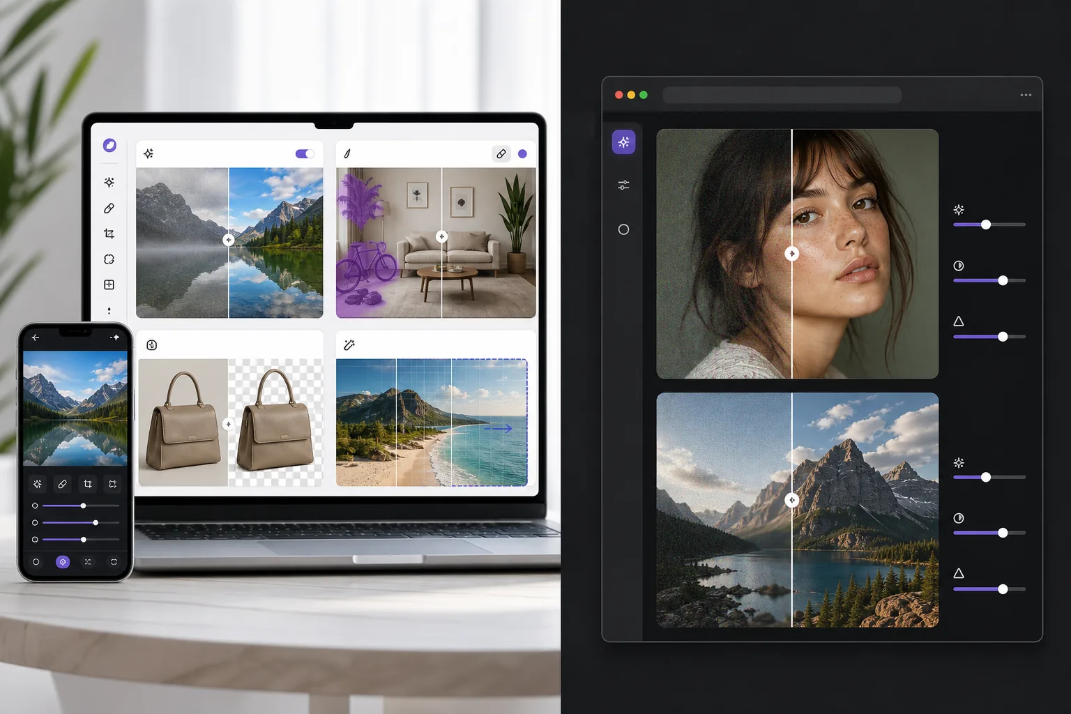 Comparison of a complete AI photo editing workflow and an enhancement-only photo tool
