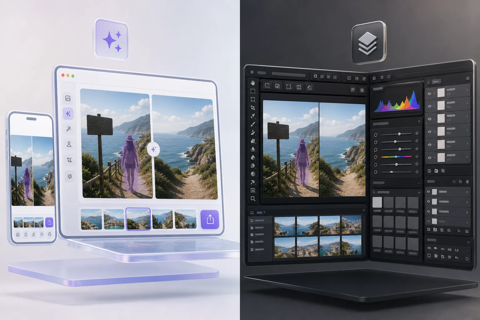 Comparison of instant browser AI editing and complex desktop photo suite workflows