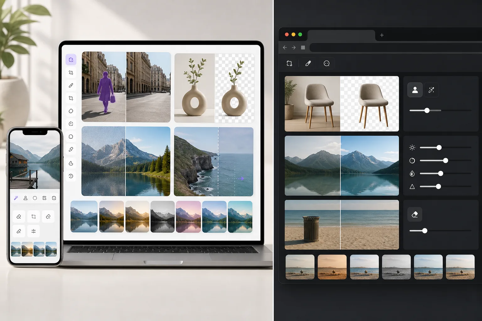 Comparison of a comprehensive AI photo editing suite and a basic browser photo editor workflow