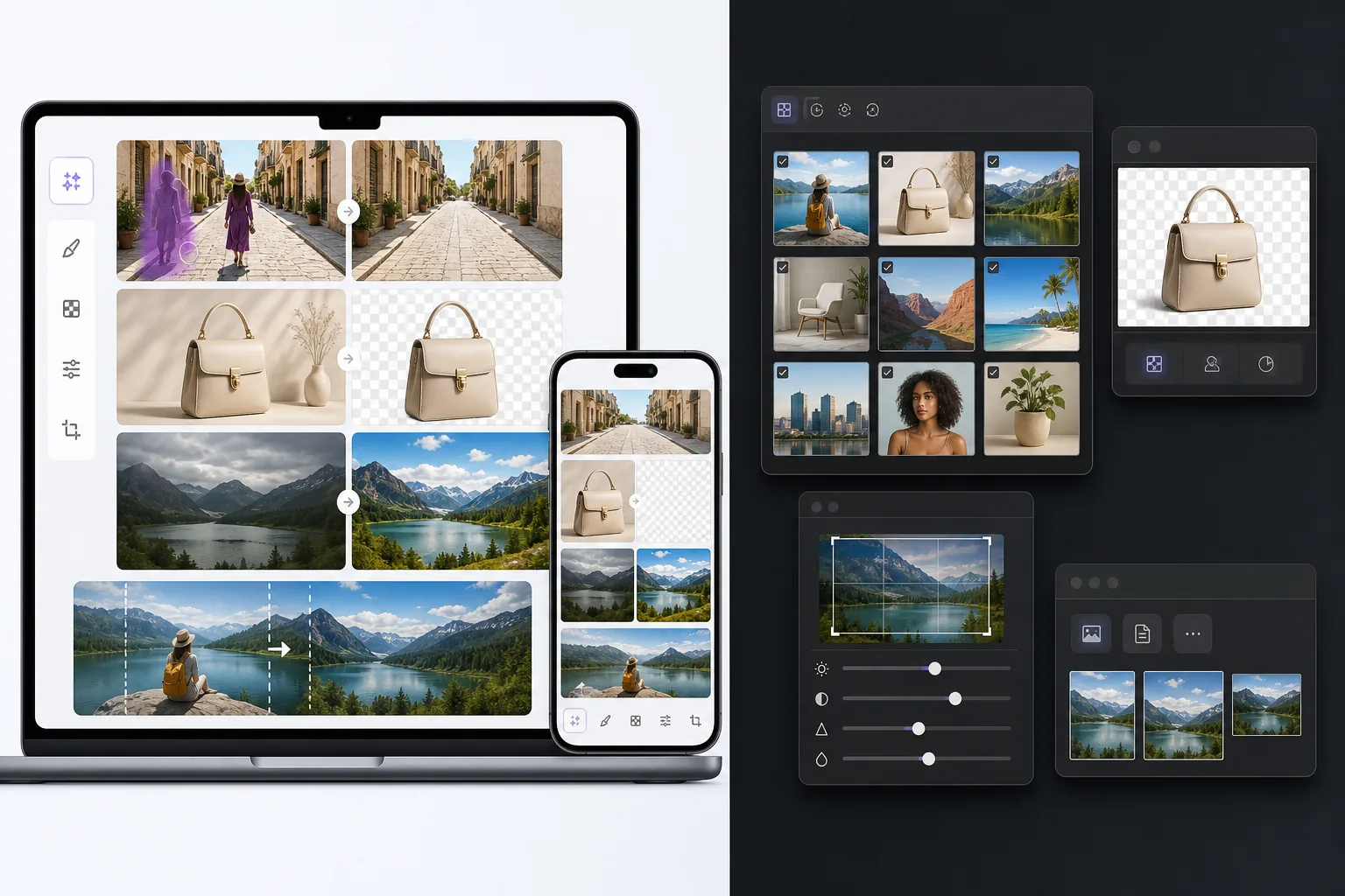 Comparison of a unified AI photo editing workflow and separate browser editing tool panels