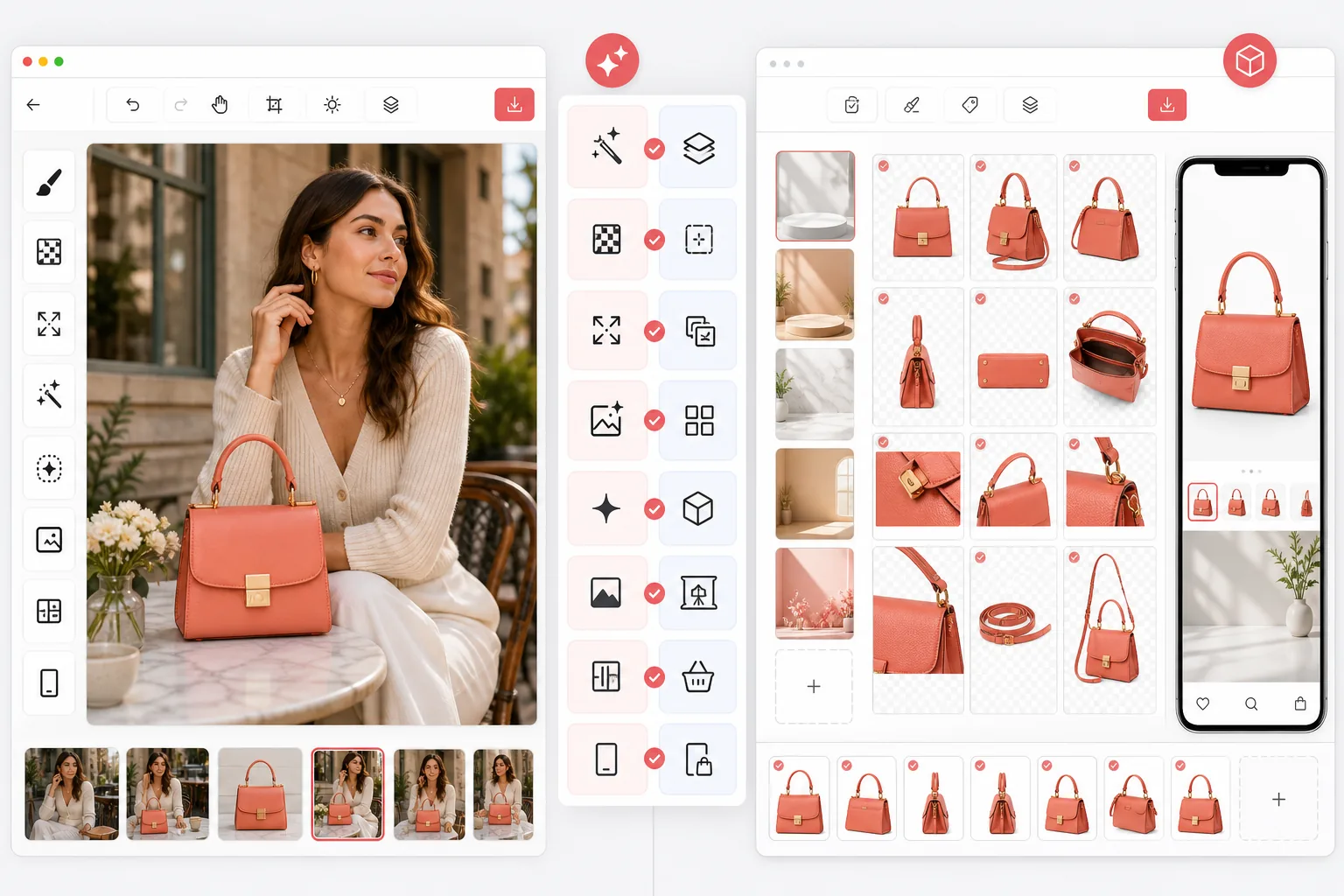 Side-by-side comparison of a creative AI photo editor and an ecommerce product photography workflow with batch product cutouts
