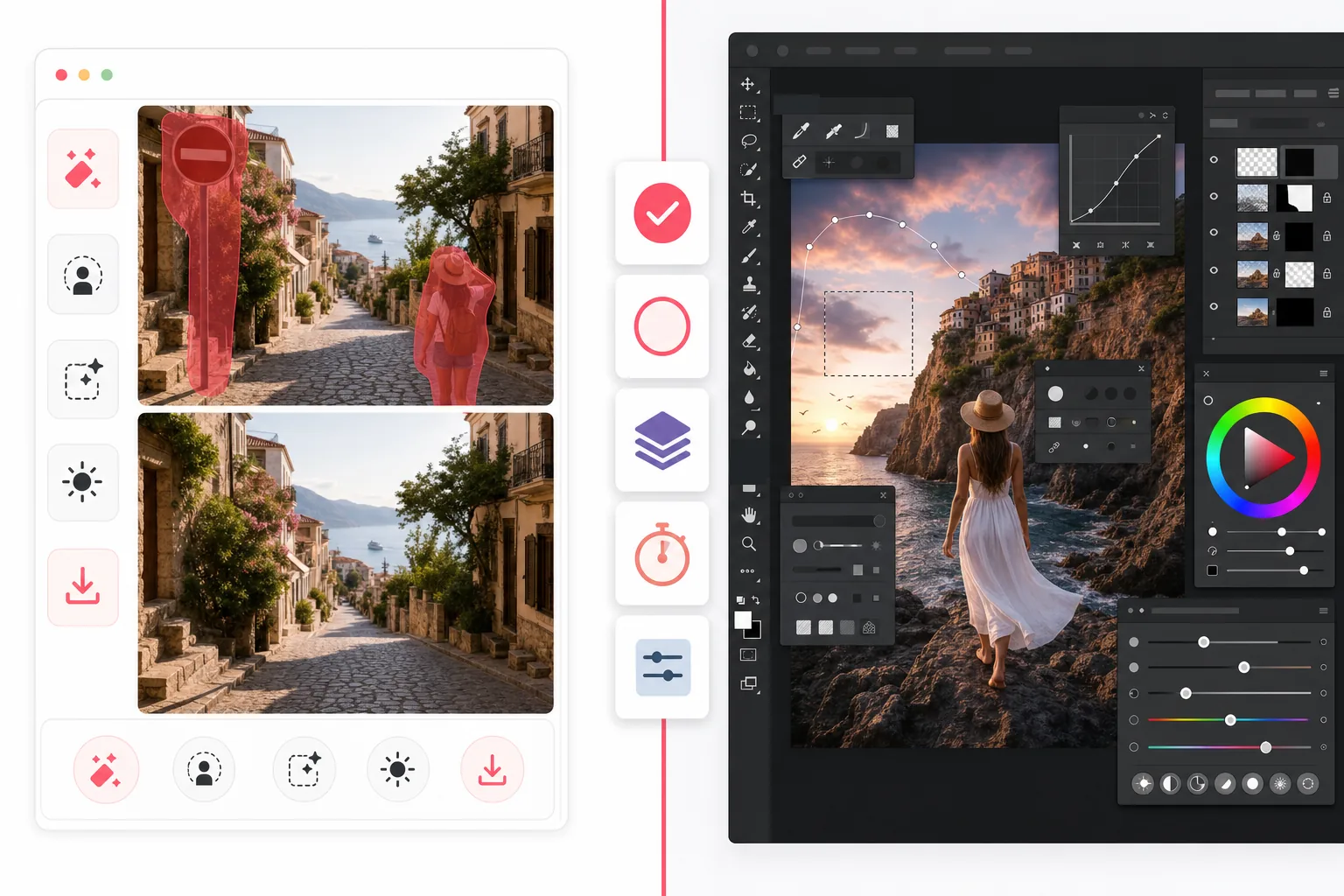 Side-by-side comparison of a fast AI cleanup editor and a complex professional layer-based photo editing workspace