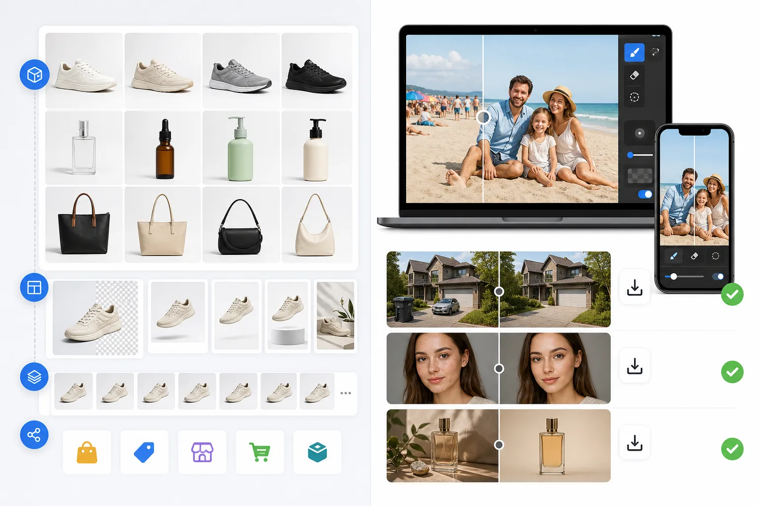 Comparison of a product catalog template workflow and a direct AI cleanup workflow for mixed photos