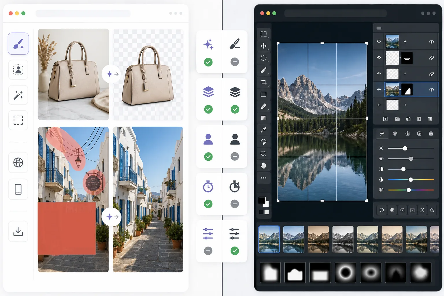Side-by-side comparison of an AI-first cleanup editor and a traditional layer-based browser photo editor workspace