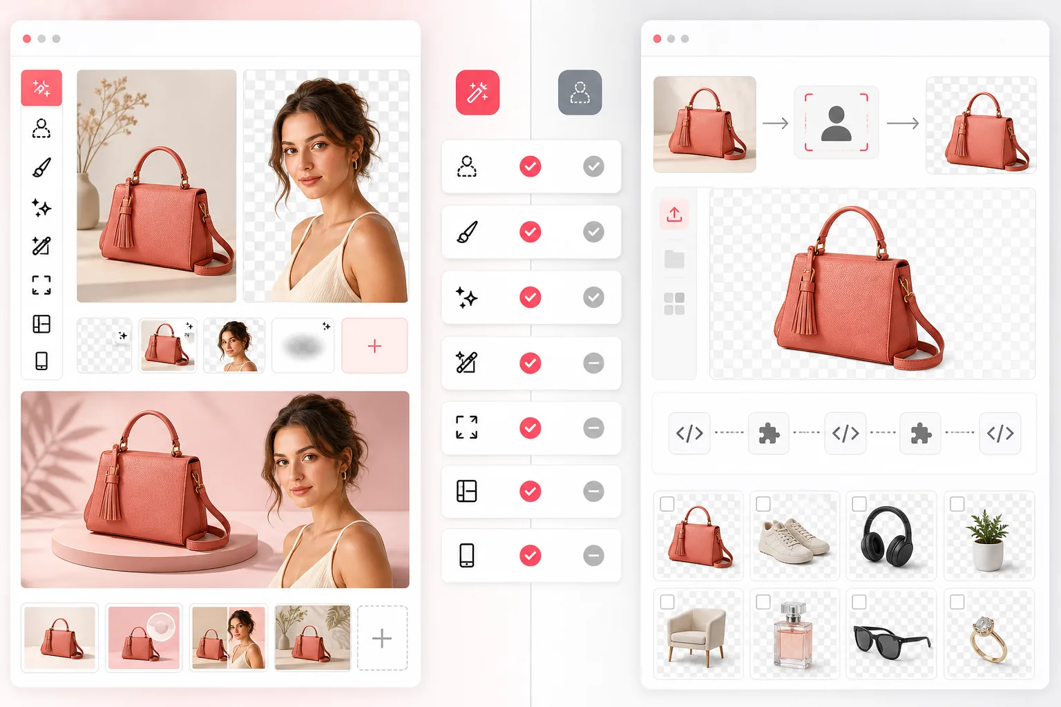 Side-by-side comparison of an all-in-one AI photo editor and a dedicated background removal workflow creating transparent product cutouts