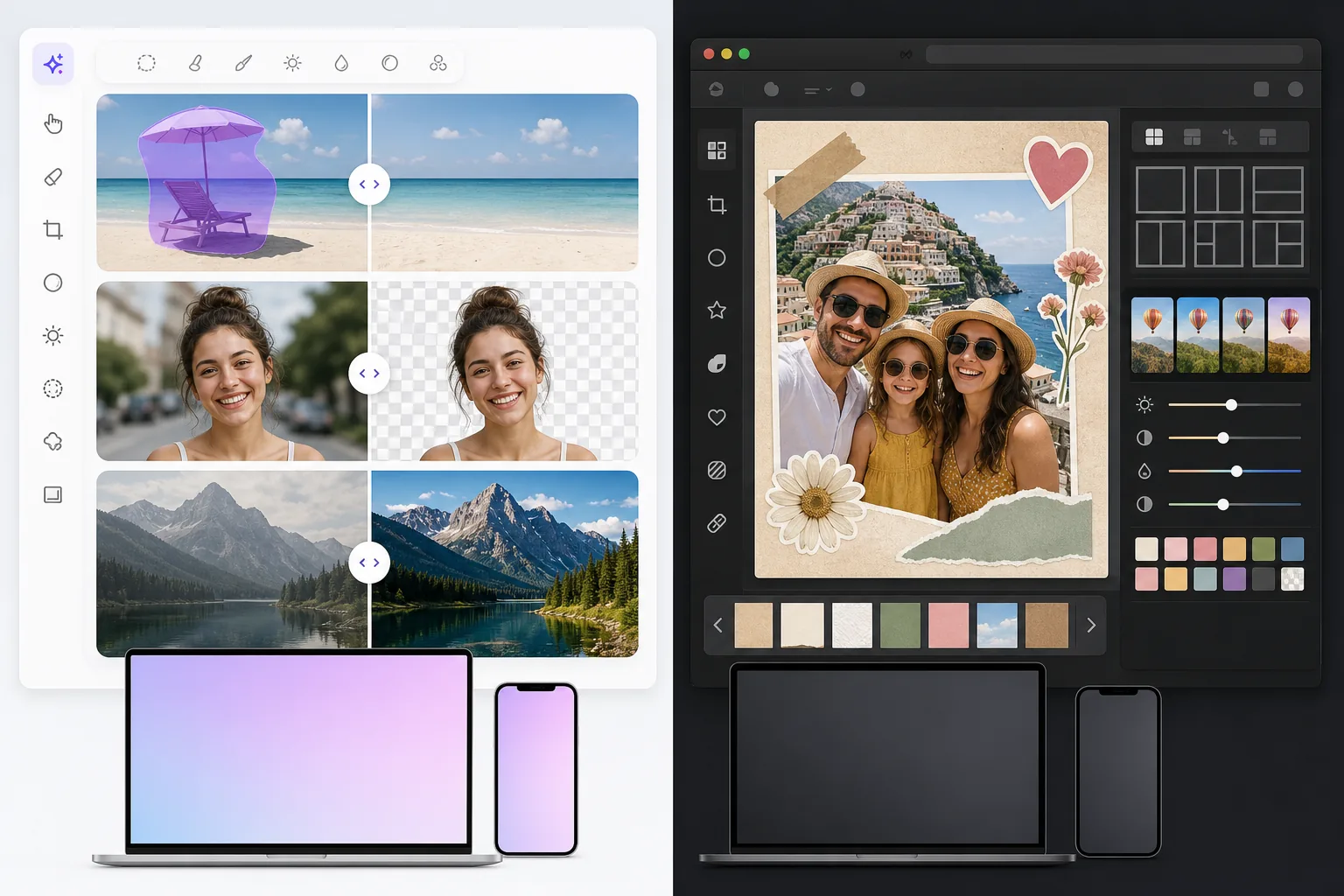 Comparison of AI photo cleanup and casual collage photo editing workflows
