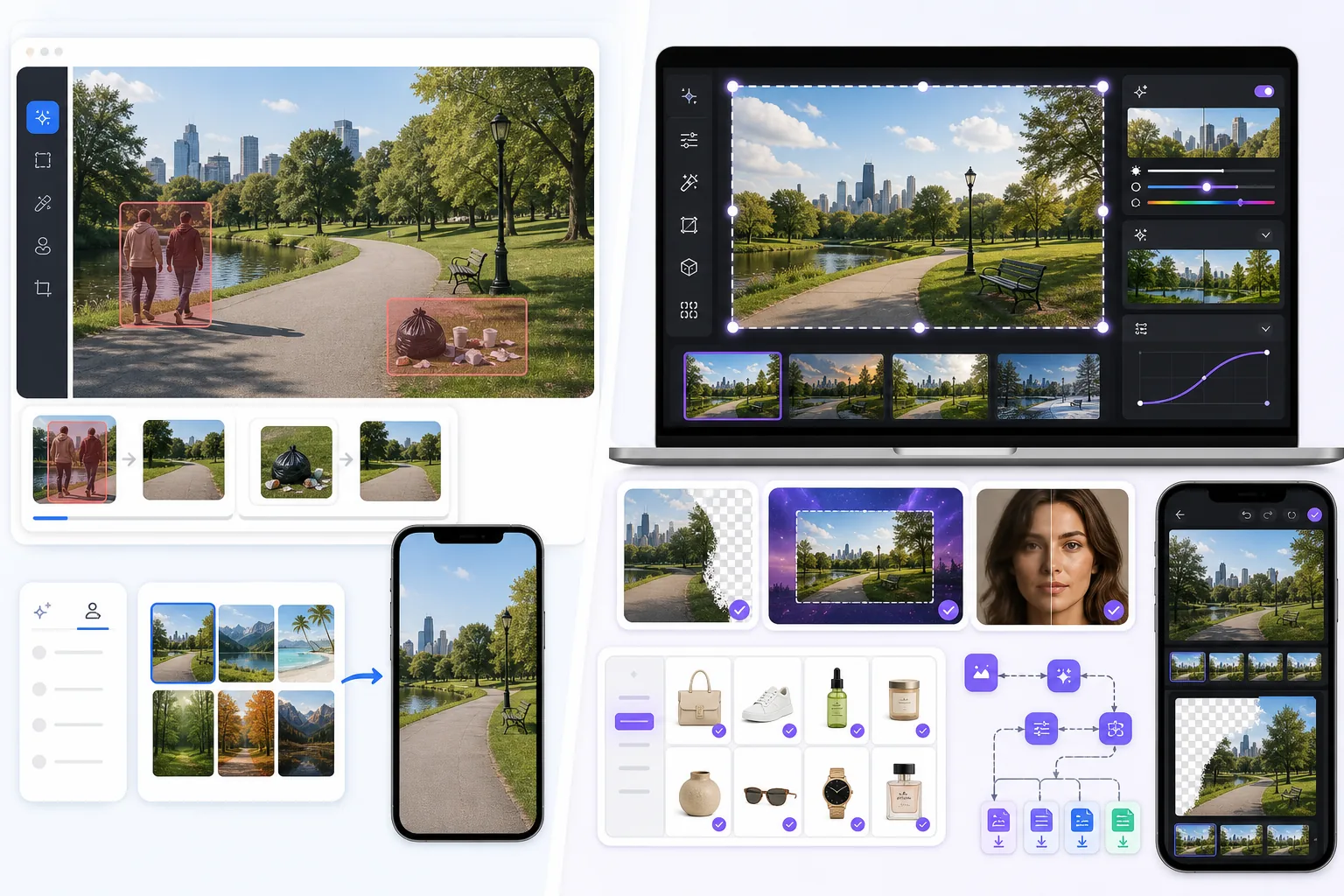 Comparison of focused AI object removal and a broader AI editing workflow with enhancement and batch processing