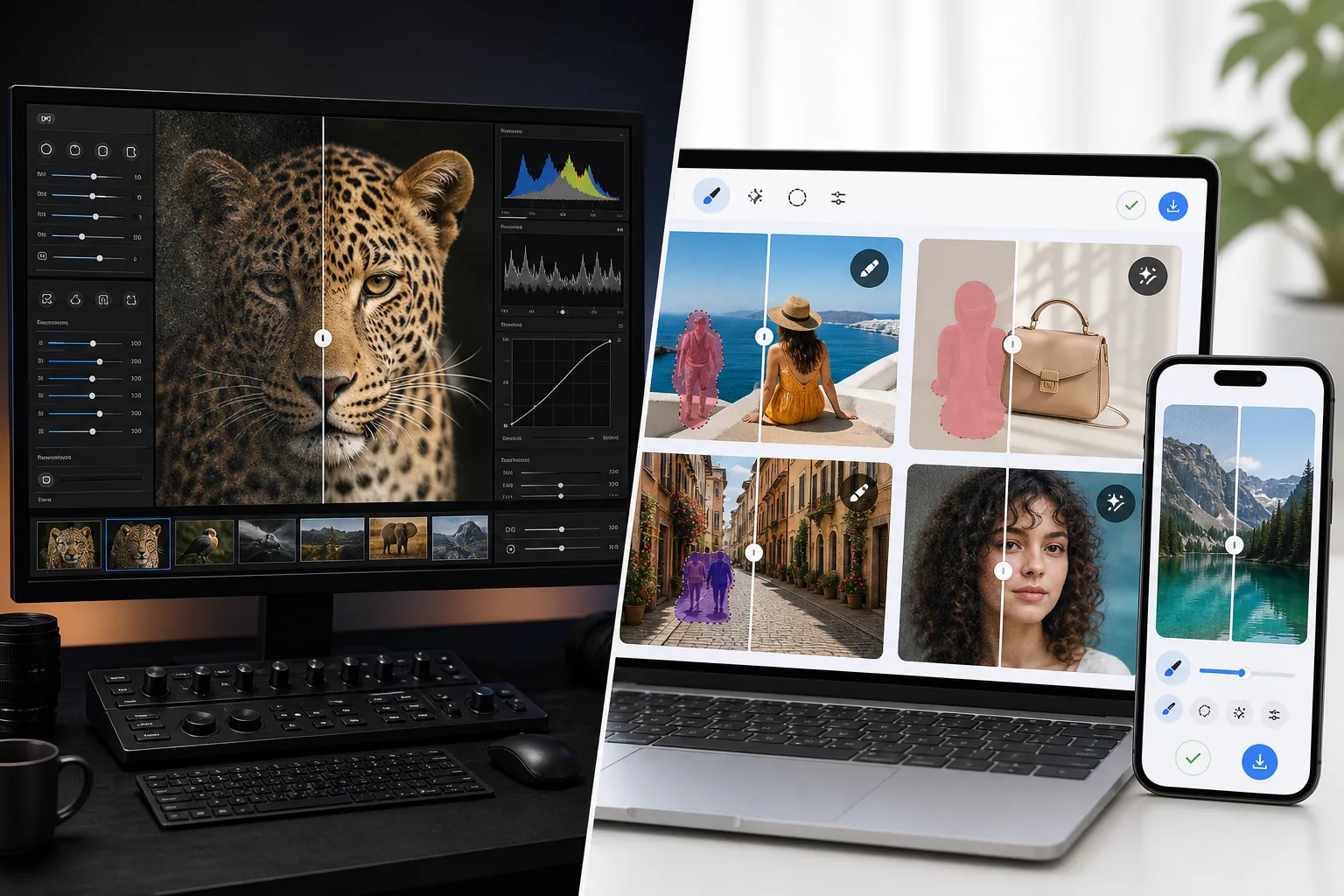 Comparison of desktop AI photo quality recovery and web-based AI cleanup editing workflows