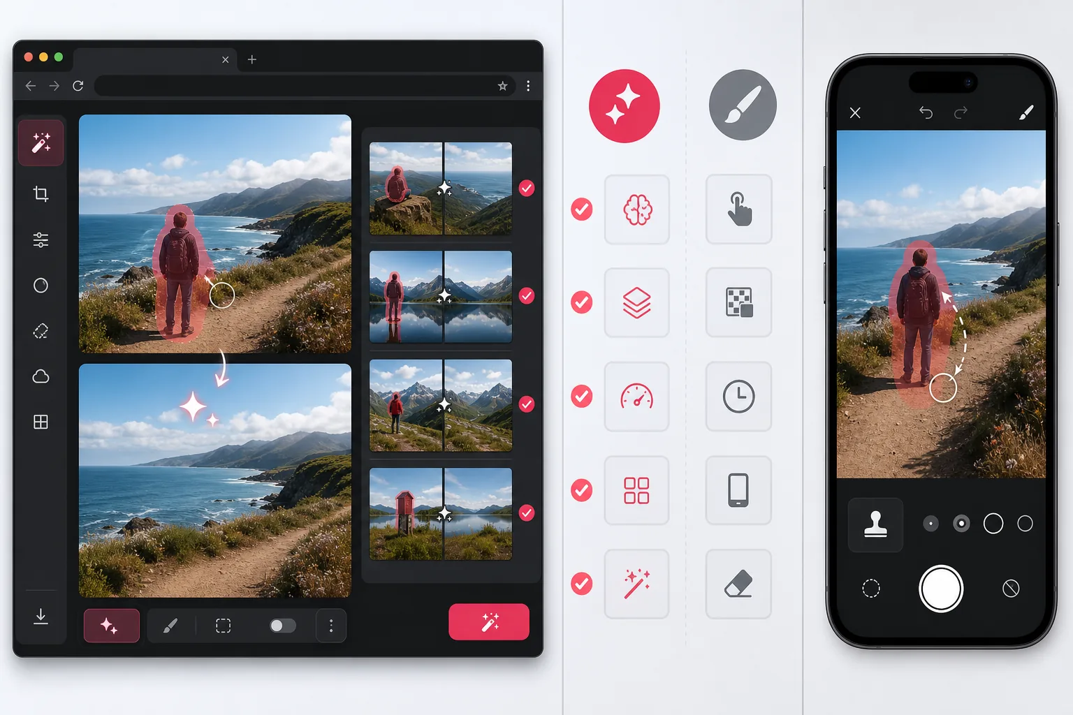 Side-by-side comparison of a browser-based AI object remover and a mobile manual retouching workflow removing a person from a travel photo