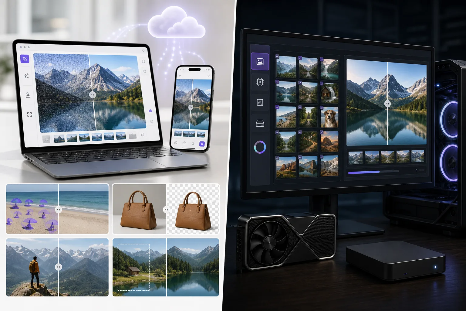 Comparison of cloud AI photo editing and local GPU desktop upscaling workflows