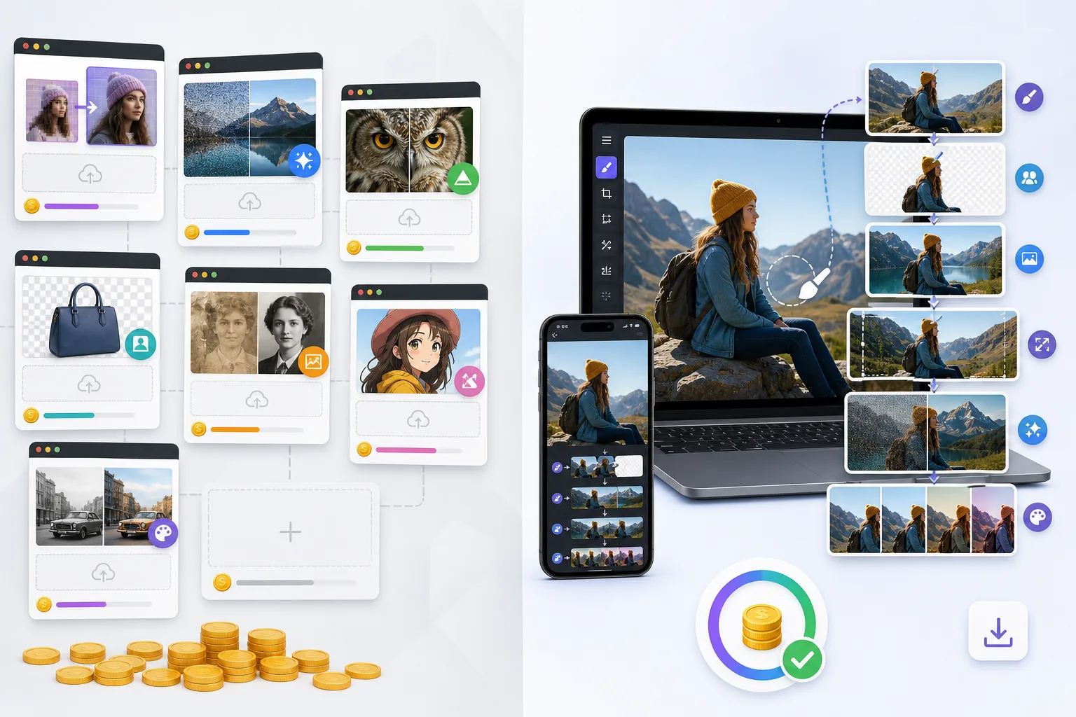 Comparison of separate AI photo utility uploads and a unified multi-step AI editor workflow