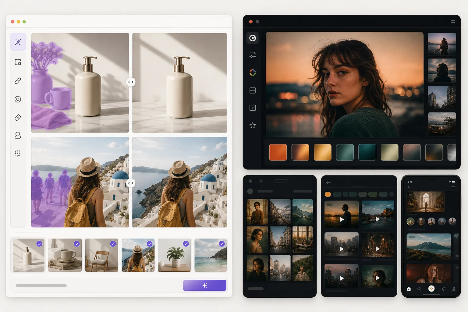 Comparison of AI photo cleanup and film-inspired filter editing workflows