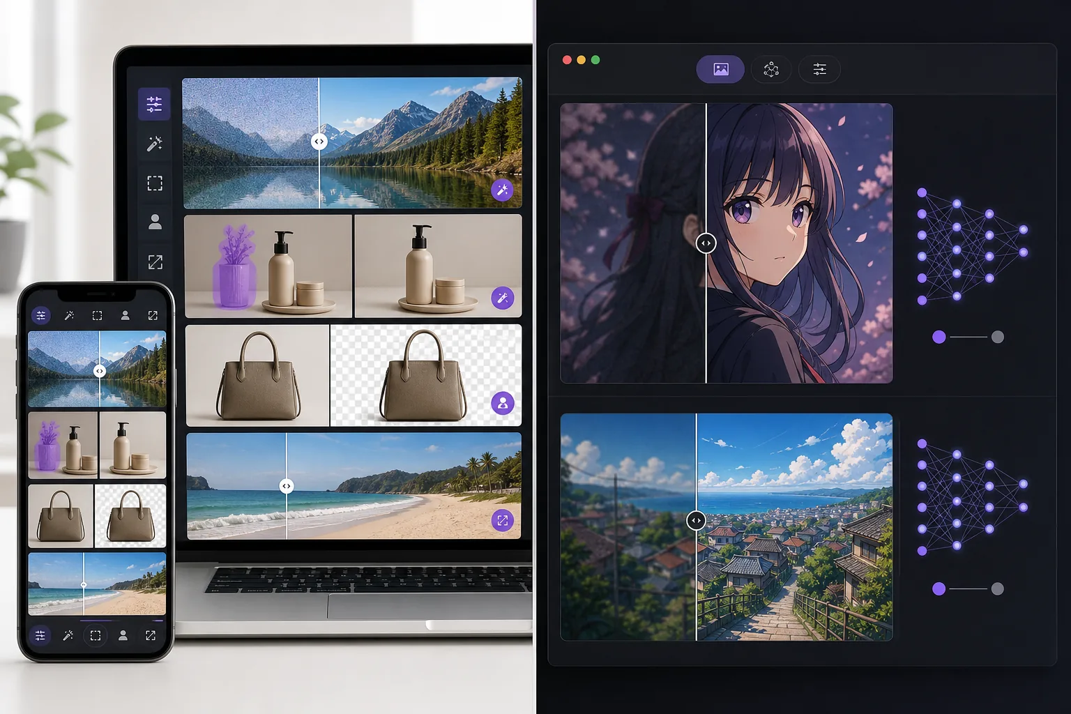 Comparison of full AI photo editing and anime-focused neural image upscaling workflows