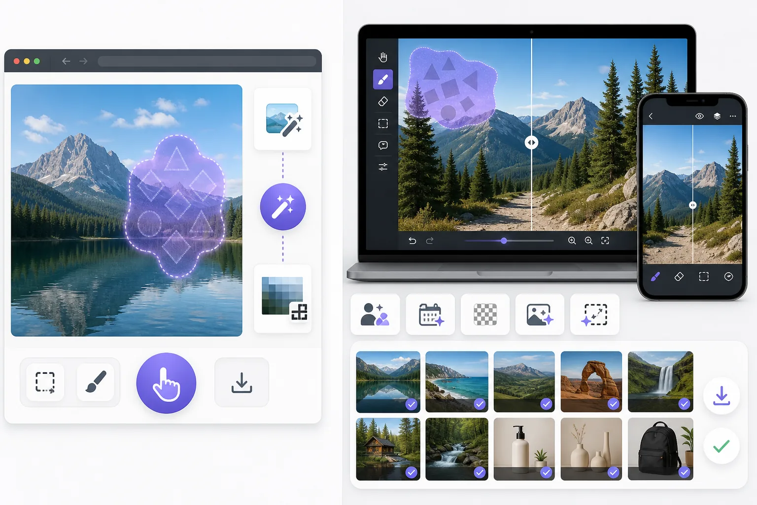Comparison of automatic geometric watermark removal and manual AI cleanup with broader photo editing tools