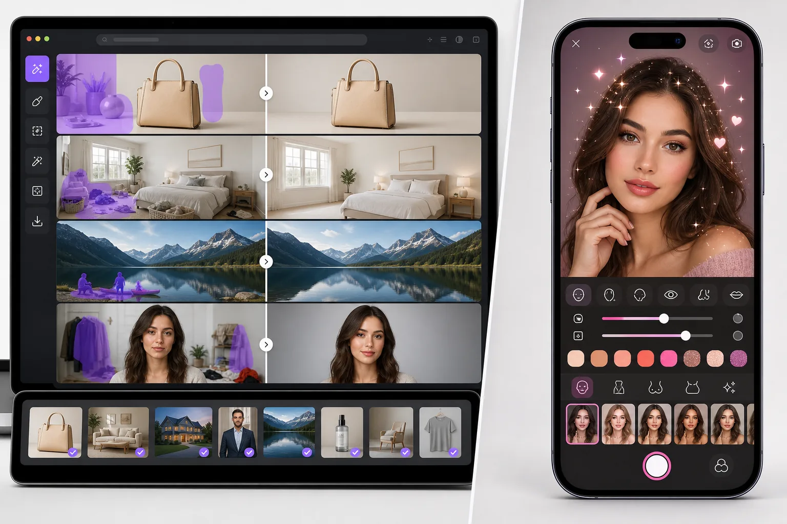 Comparison of professional AI photo cleanup and mobile selfie beautification workflows
