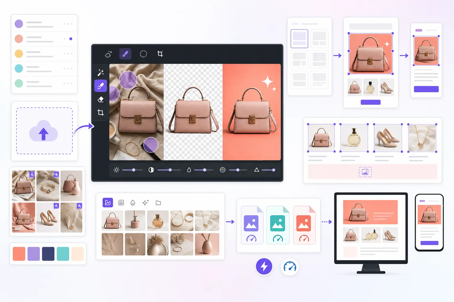 AI Mailchimp email campaign image workflow cleaning product photos, creating consistent brand visuals, optimizing lightweight email assets, and uploading polished imagery to a campaign builder