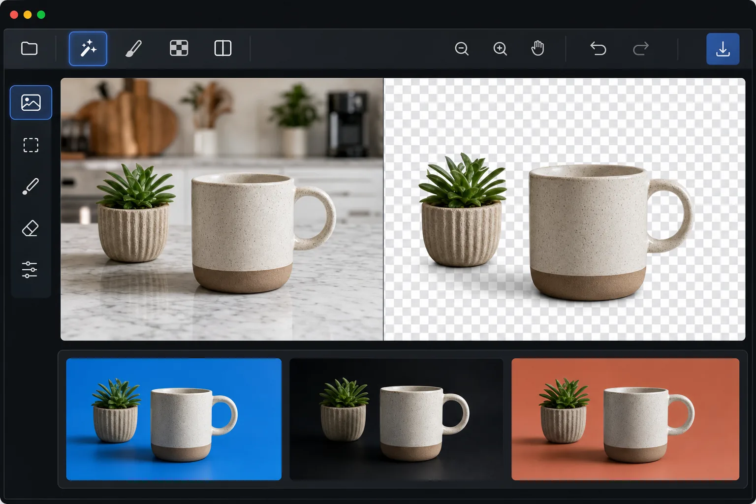 Transparent image workflow showing a mug and plant background removed to a checkerboard alpha preview and reused on colored layouts