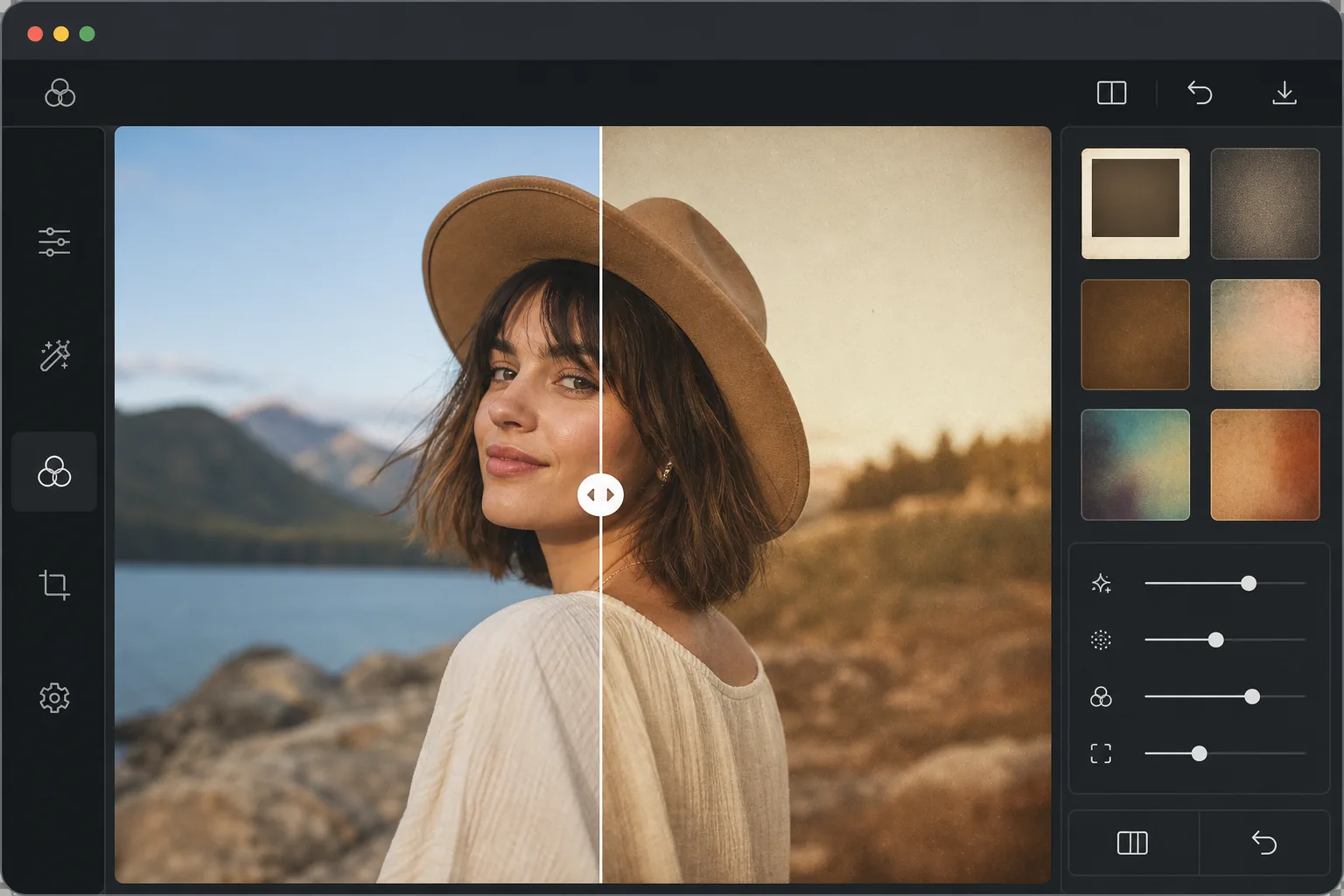 AI vintage filter workflow showing a modern portrait transformed with warm tones faded highlights film grain and vignette