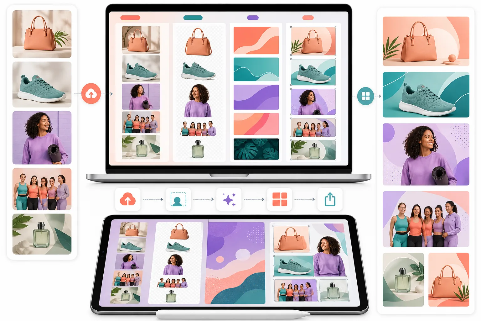 AI marketing collage workflow combining product cutouts, generated backgrounds, and campaign layouts