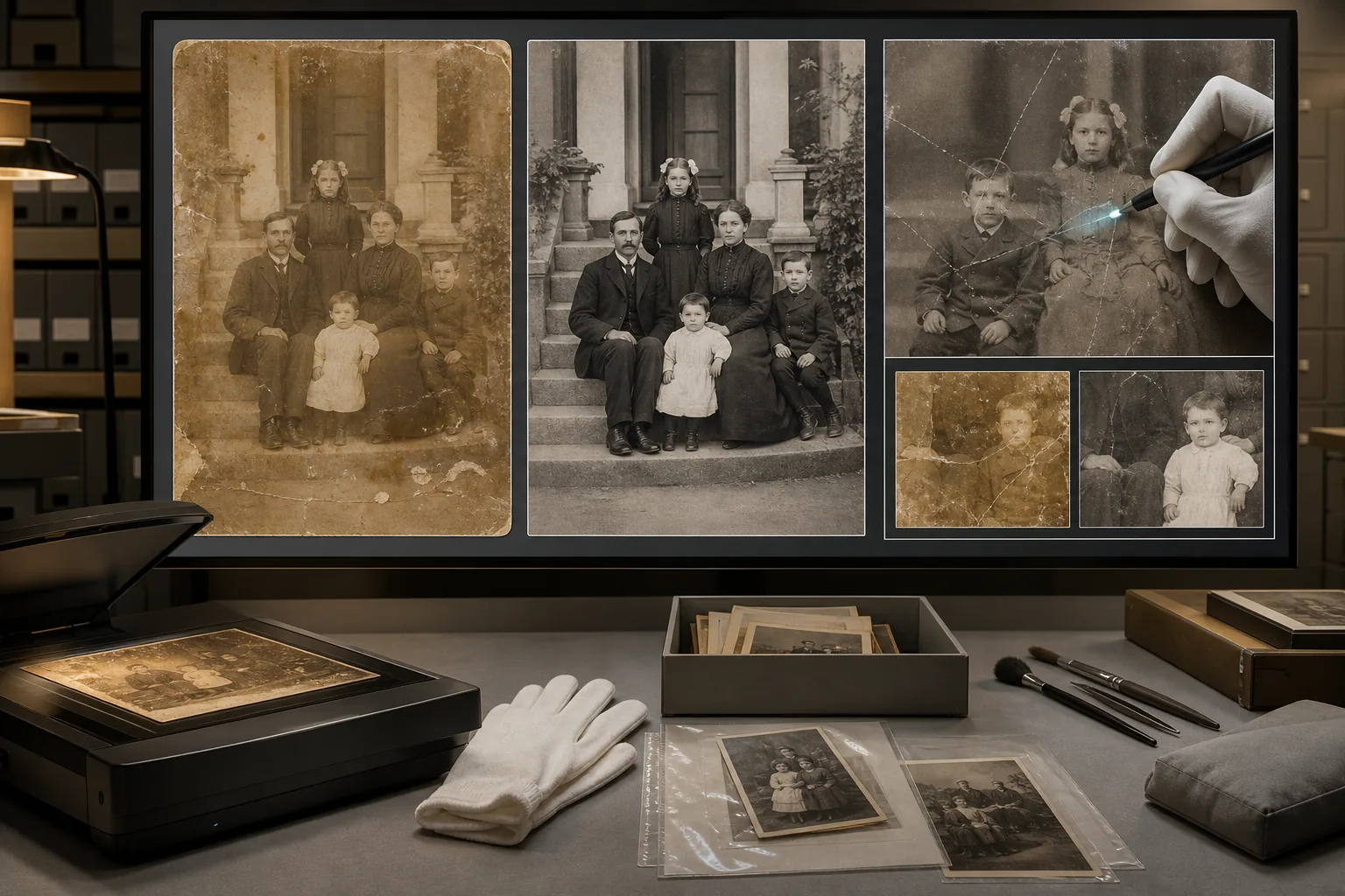 AI museum archive digitization workflow restoring faded scans, removing damage artifacts, and preserving historical photo detail